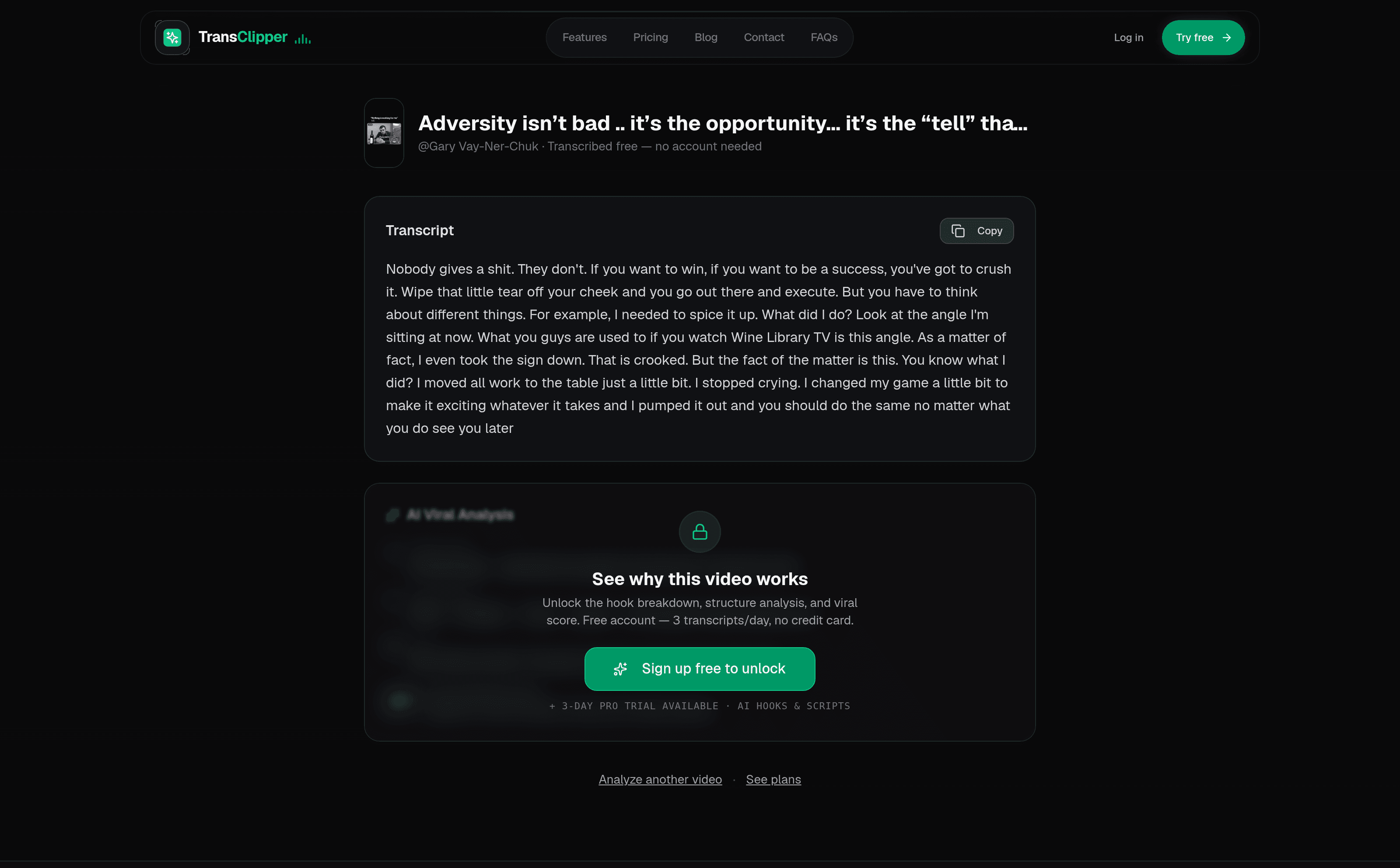The result page for the GaryVee Reel: the Instagram caption sits at the top as a title, and the transcript below it is the spoken audio, which says something completely different.