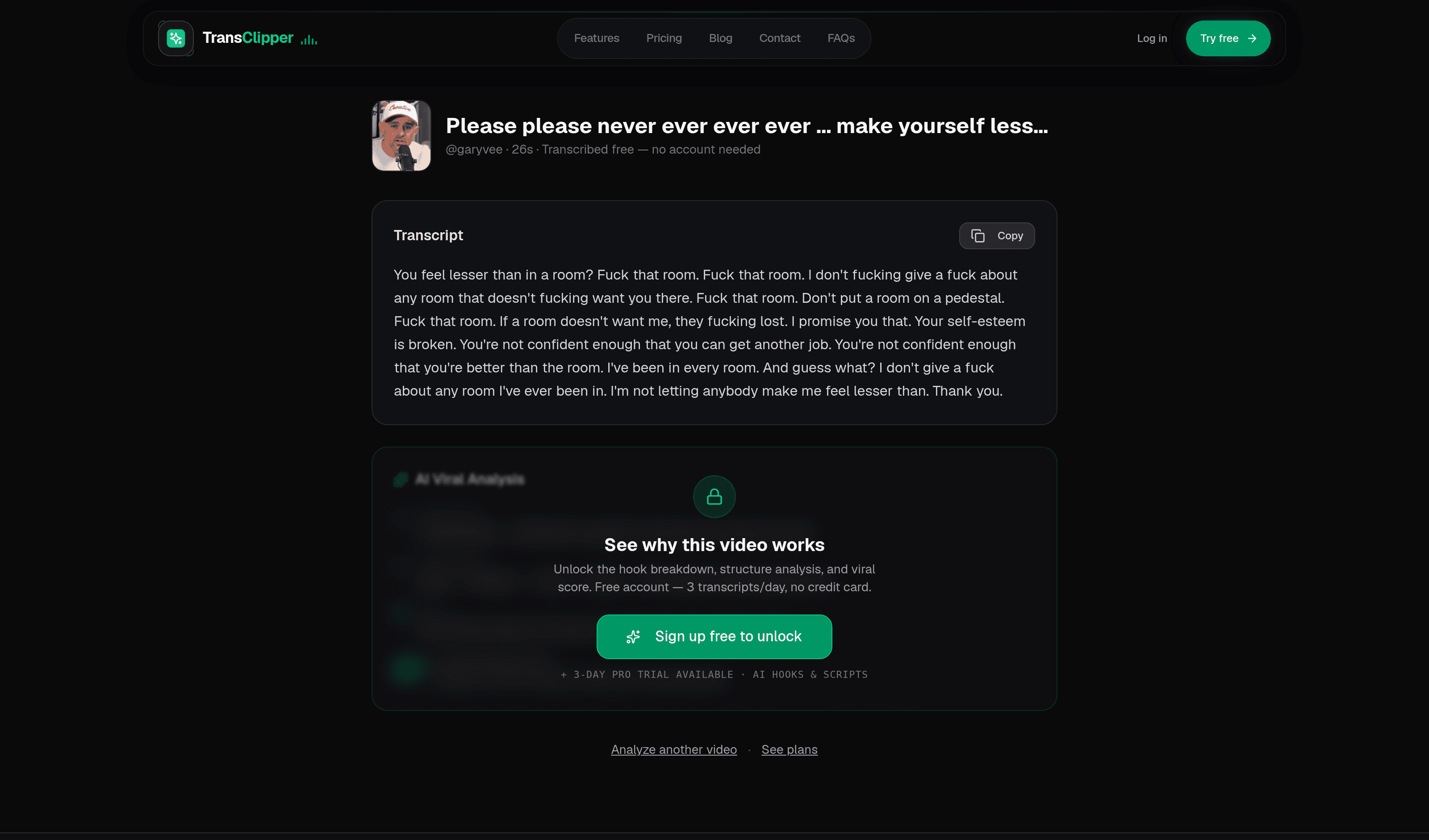 A 26-second TikTok transcribed through the sibling tool, expletives intact and the clip duration shown next to the handle.