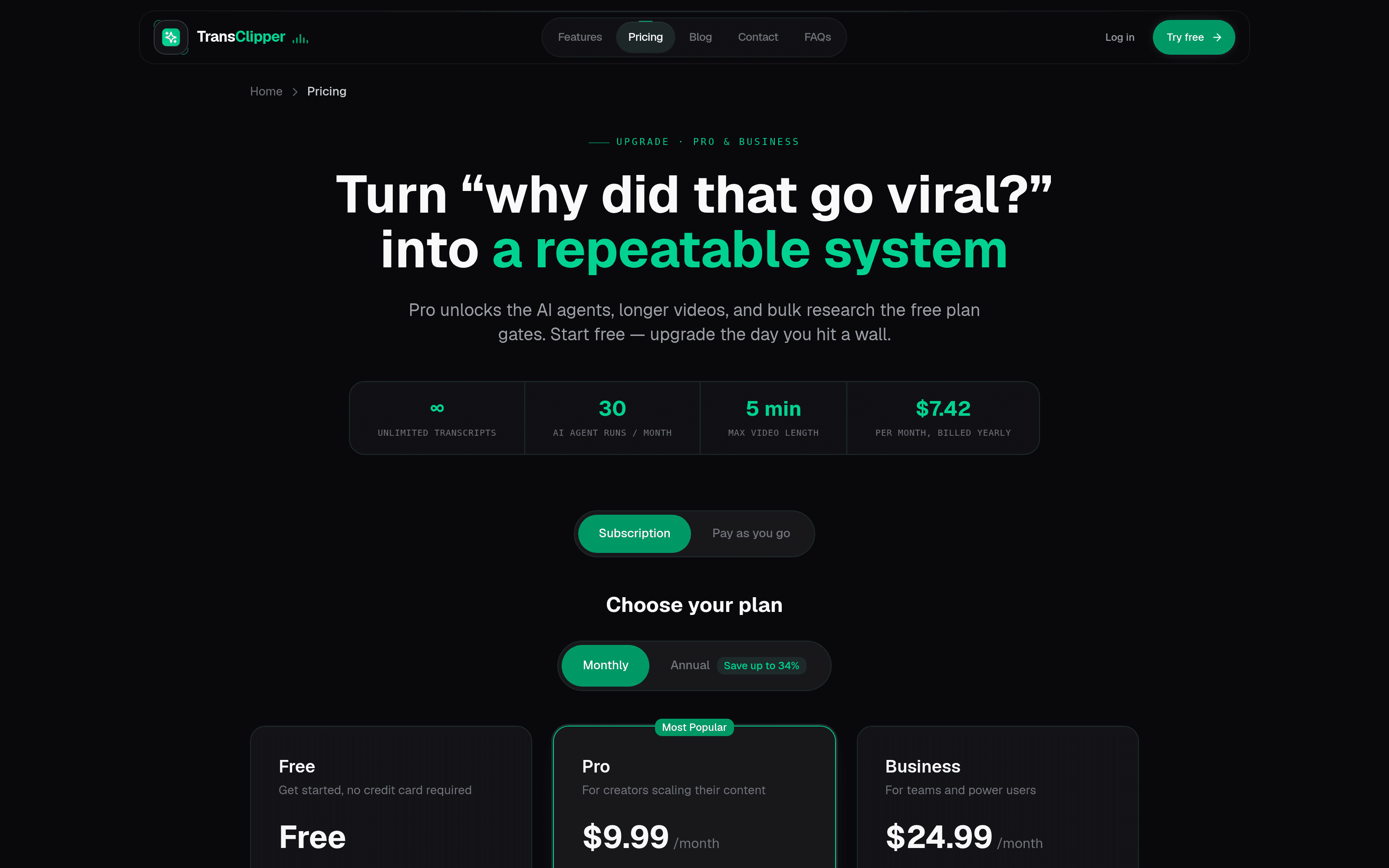 The pricing page in its monthly view — Pro at $9.99 and Business at $24.99, with a Pay as you go tab above them for buying credits instead of a plan.