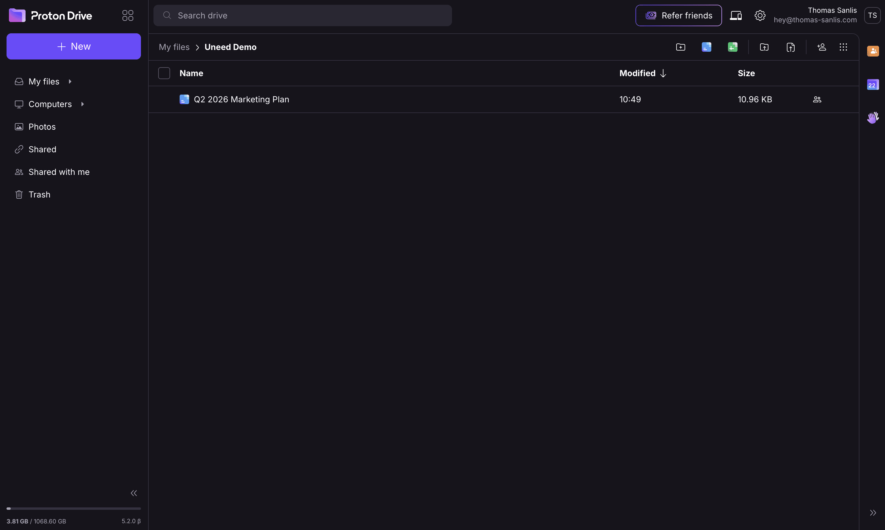 The Drive interface, clean, dark-mode friendly, and indistinguishable from any mainstream cloud drive at first glance