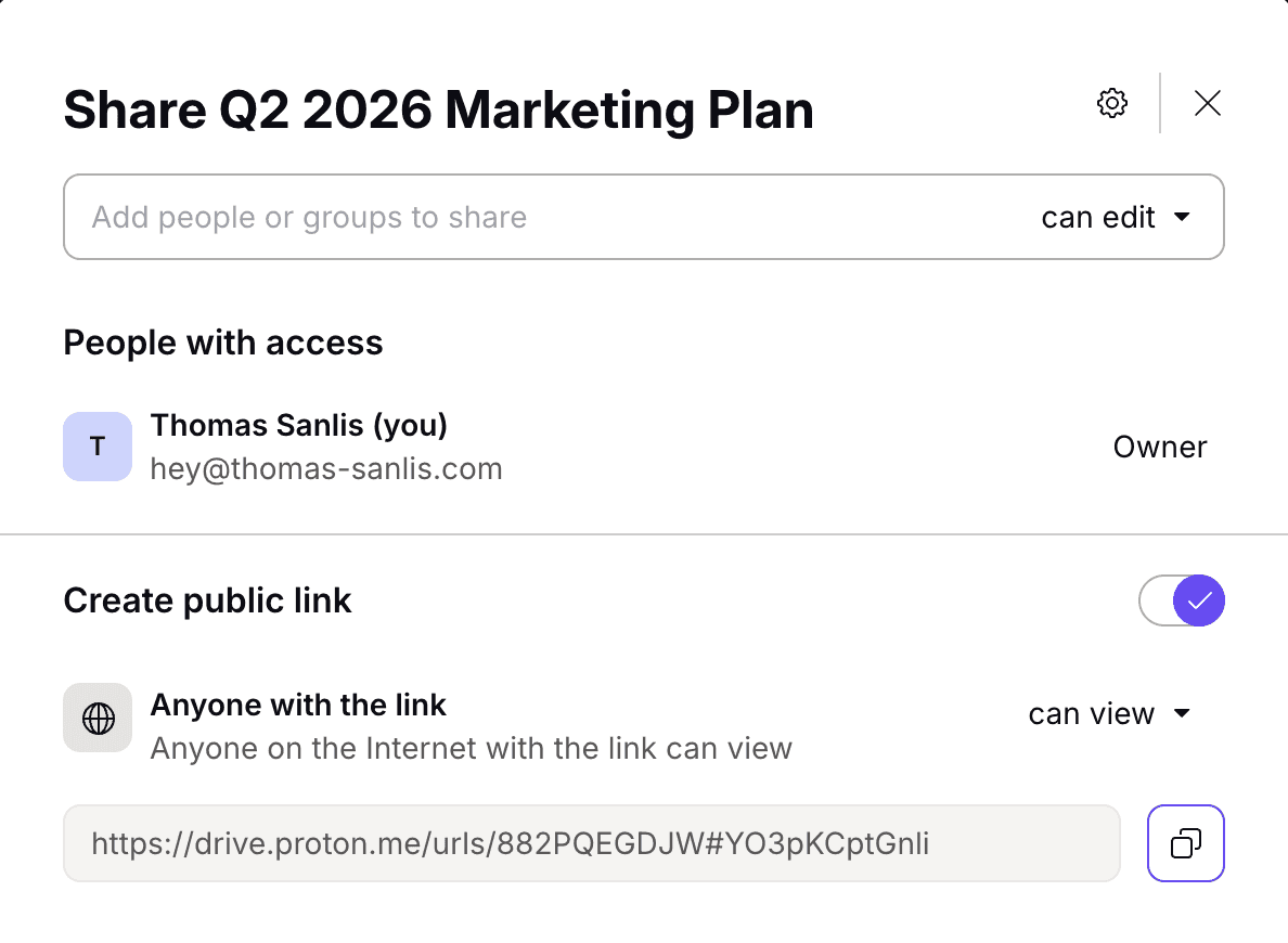 The share modal lets you invite people by email, or generate a public link with strict controls