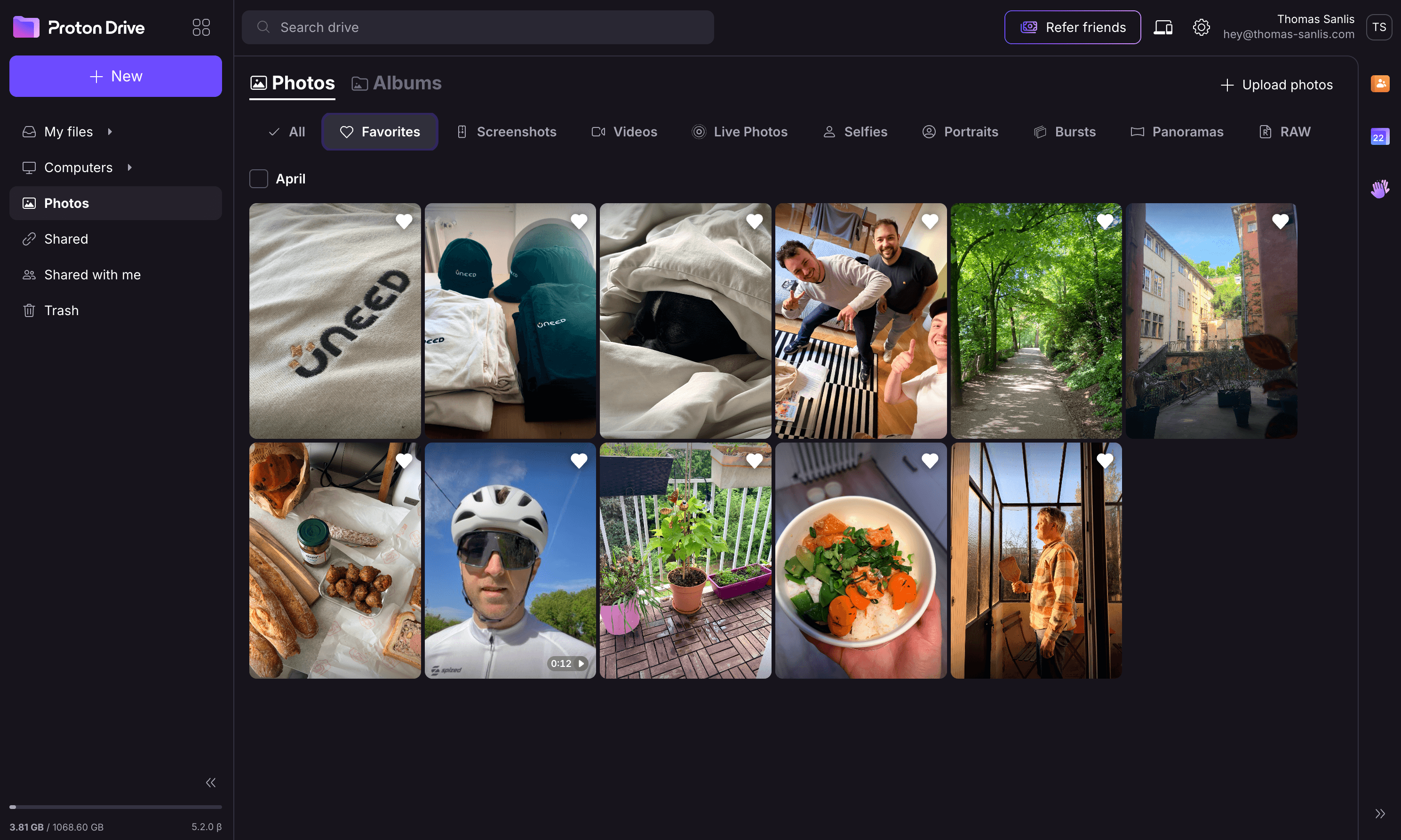 Proton Photos with categories for Screenshots, Videos, Live Photos, Selfies, Portraits, Bursts, Panoramas, and RAW