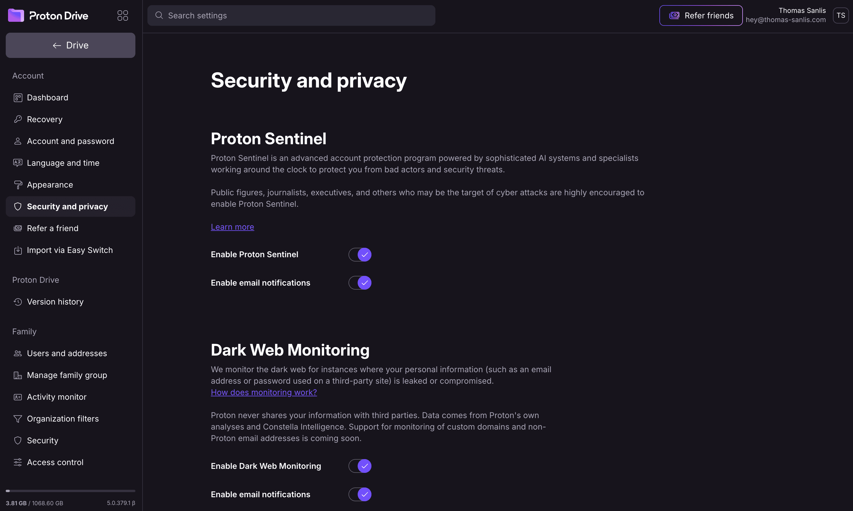 Proton Sentinel and Dark Web Monitoring, security features that go well beyond what most cloud drives ship with