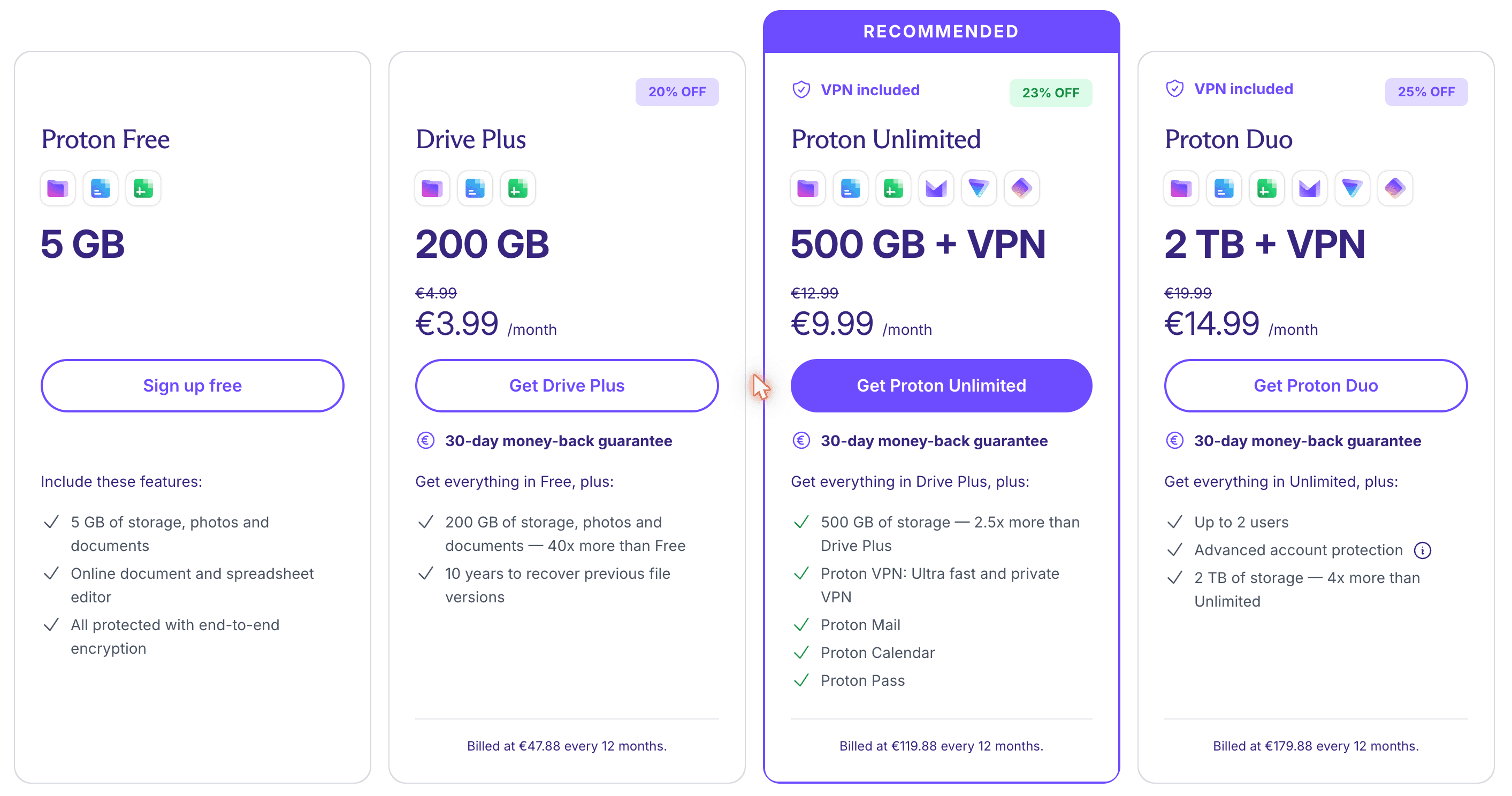 Drive plans, with Proton Unlimited bundling Drive, Mail, Calendar, VPN, and Pass into one subscription