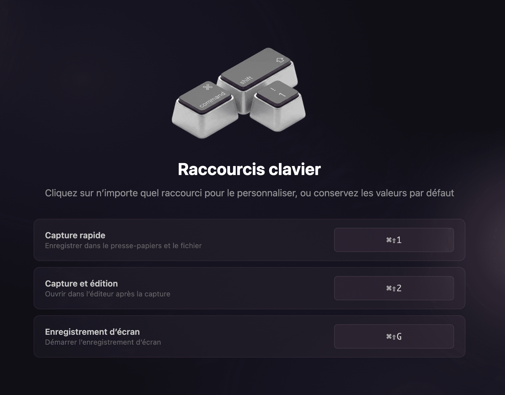 The onboarding shortcut screen: quick capture, capture-and-edit, and screen recording, all remappable.