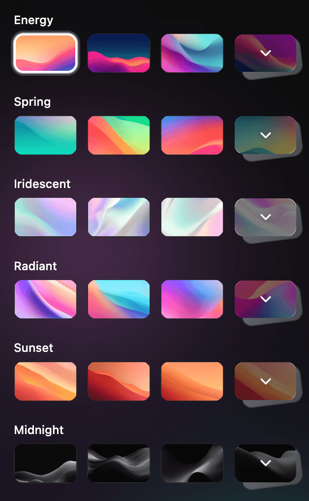 The wallpaper picker, sorted into collections: Energy, Spring, Iridescent, Radiant, Sunset, Midnight.